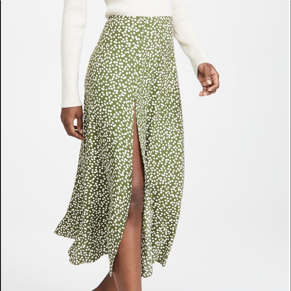 Green polka dot Reformation Zoe skirt